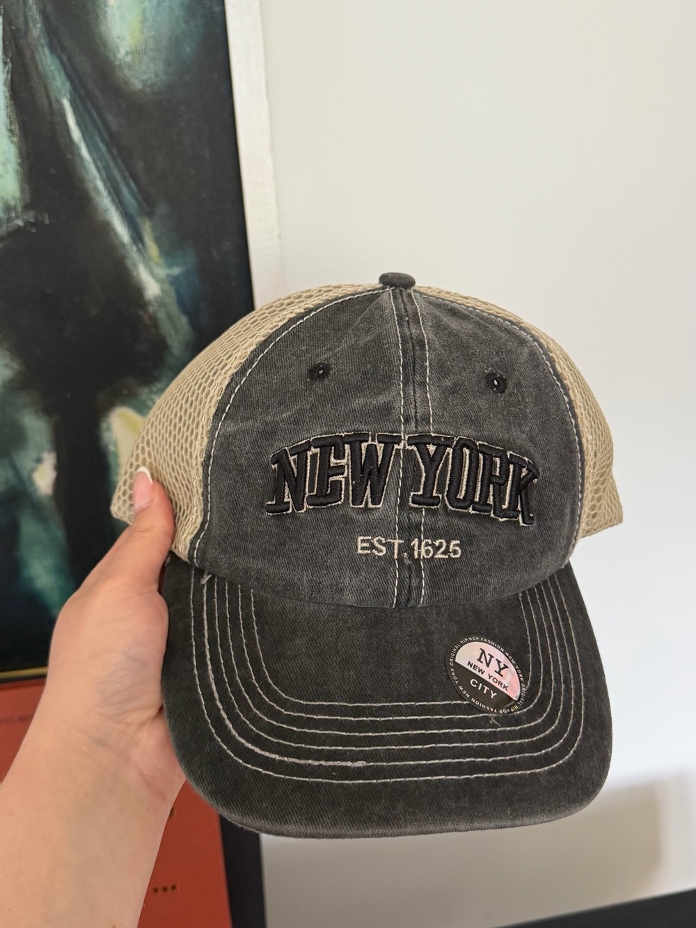 New York Embroidered Trucker Hat - Charcoal & Tan